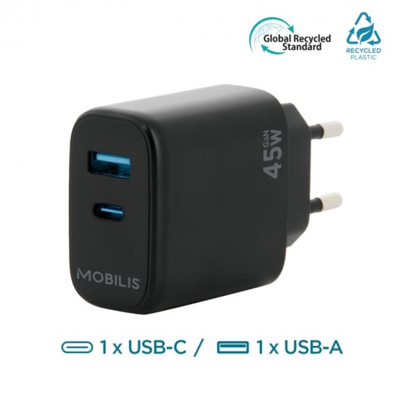 Mobilis Wandladegerät  - 45W - 1 USB A + 1 USB C - GaN. MOQ 10 un. 001363 Mobilis Wandladegerät  - 45W - 1 USB A + 1 USB C - GaN. MOQ 10 un. 001363