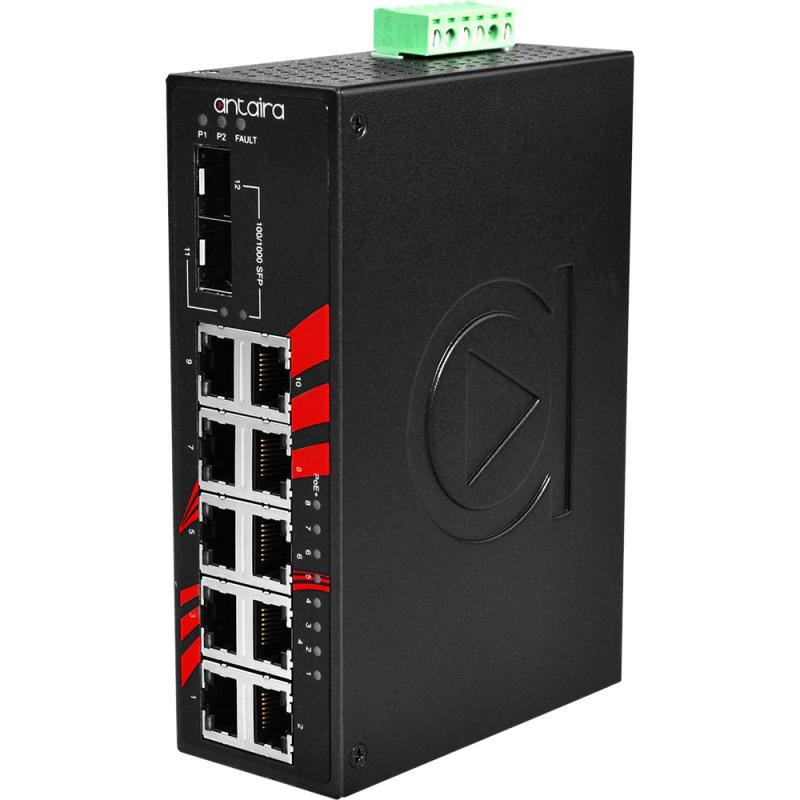 12-Port POE+ Industrial Gigabit Switch, 2xSFP, -10-70C